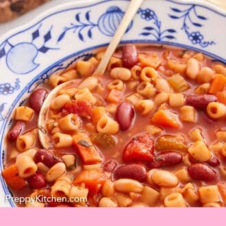 Pinterest graphic of a bowl of pasta fagioli with a spoon inside.