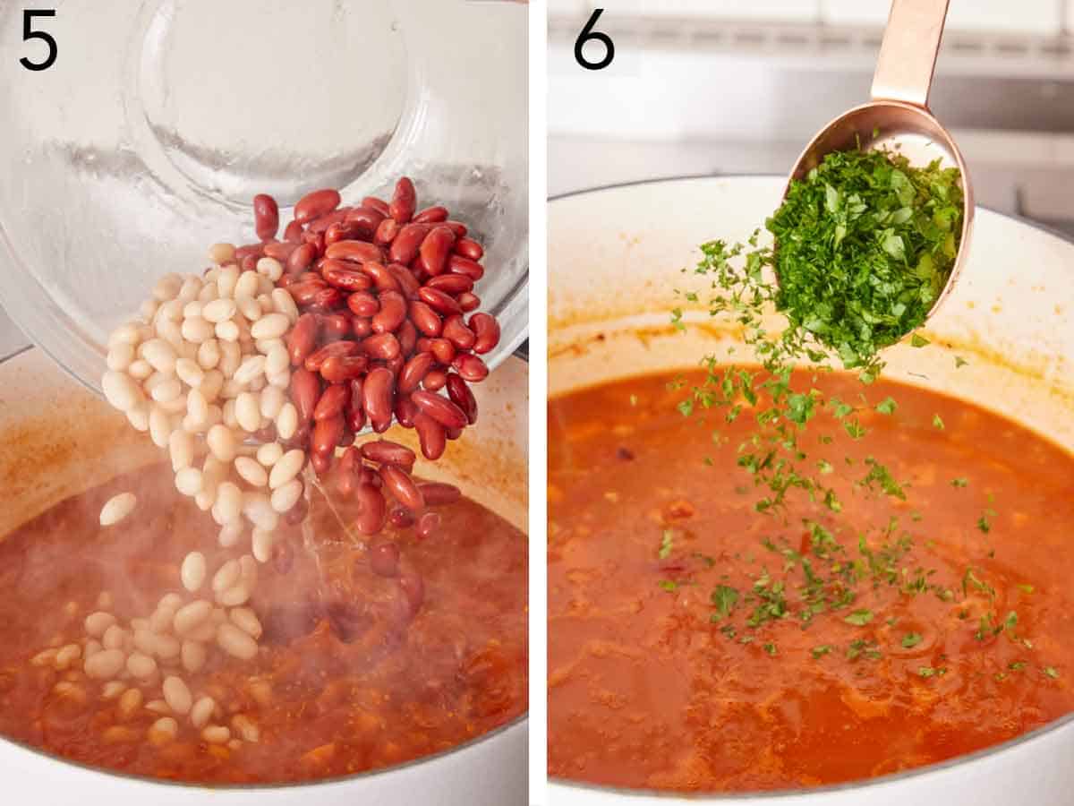 Set of two photos showing beans and parsley added to the pot of soup.