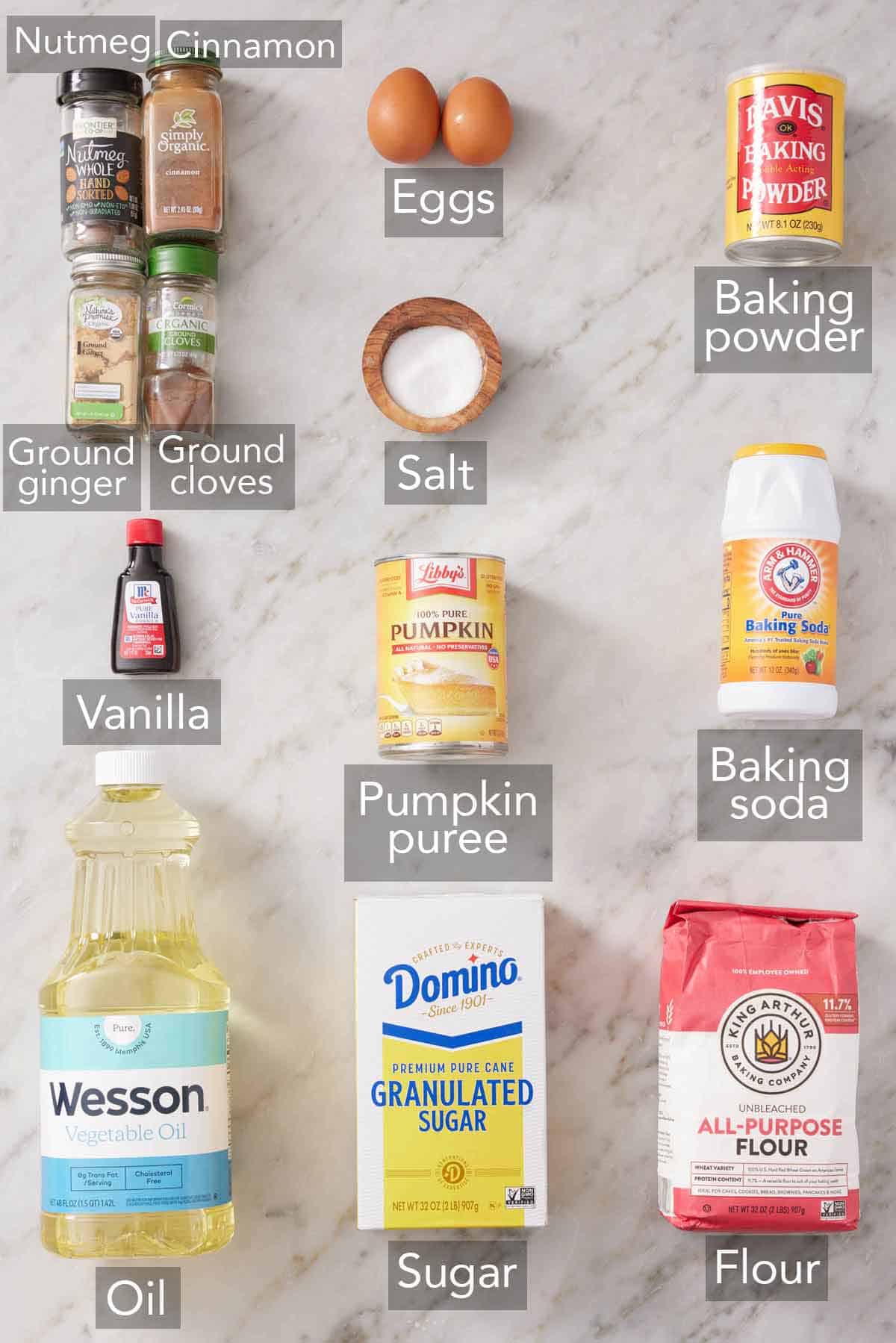 Ingredients needed to make pumpkin bread.
