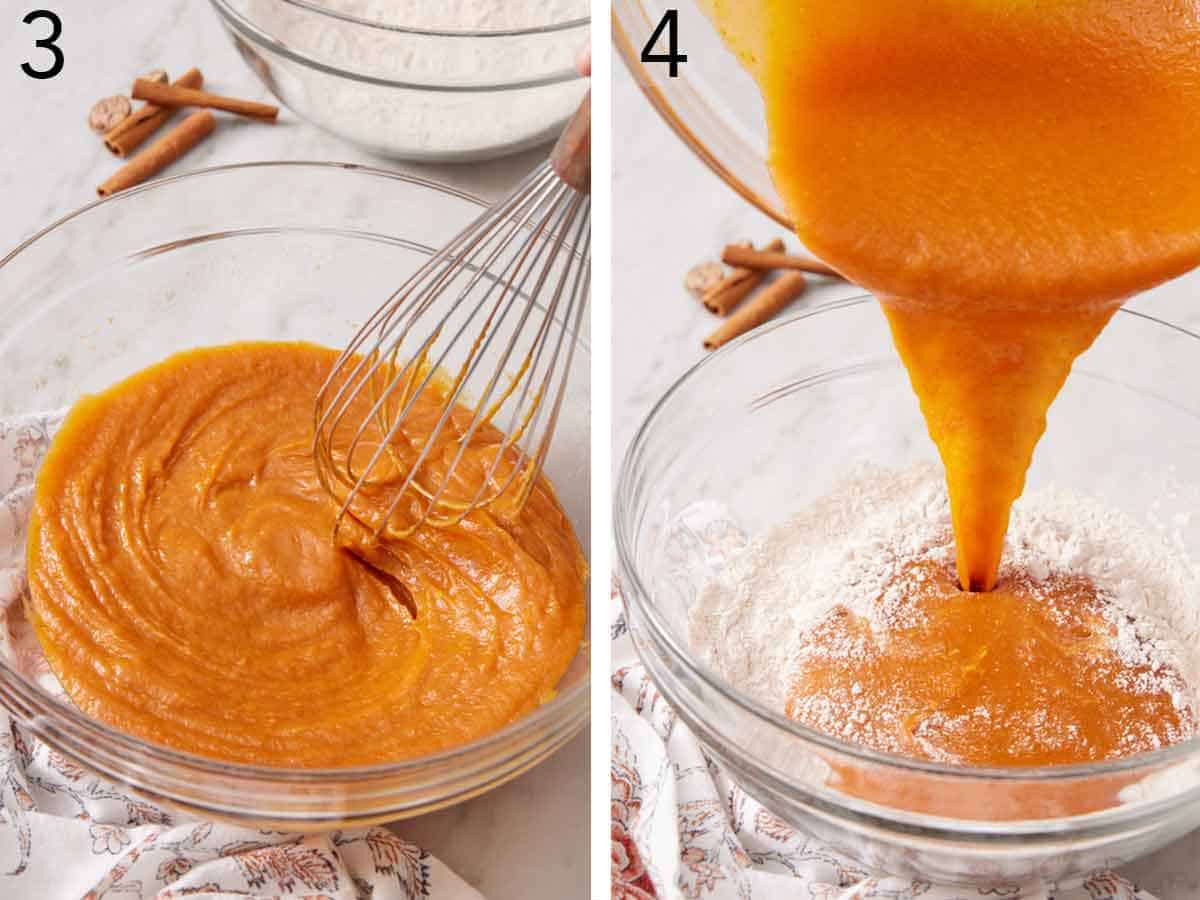 Set of two photos showing wet ingredients whisked together and poured into the dry ingredients.