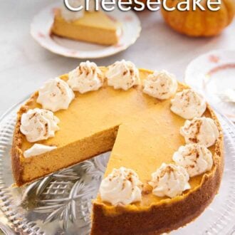 Pinterest graphic of a pumpkin cheesecake on a cake stand with a slice cut out. Mini pumpkins and a plated slice in the background.