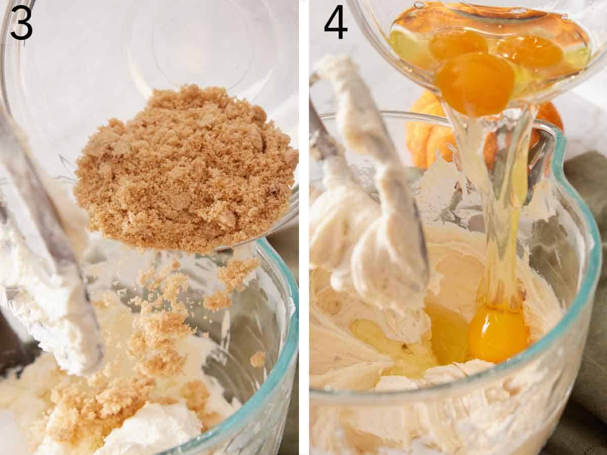Set of two photos showing brown sugar and eggs added to a mixer.