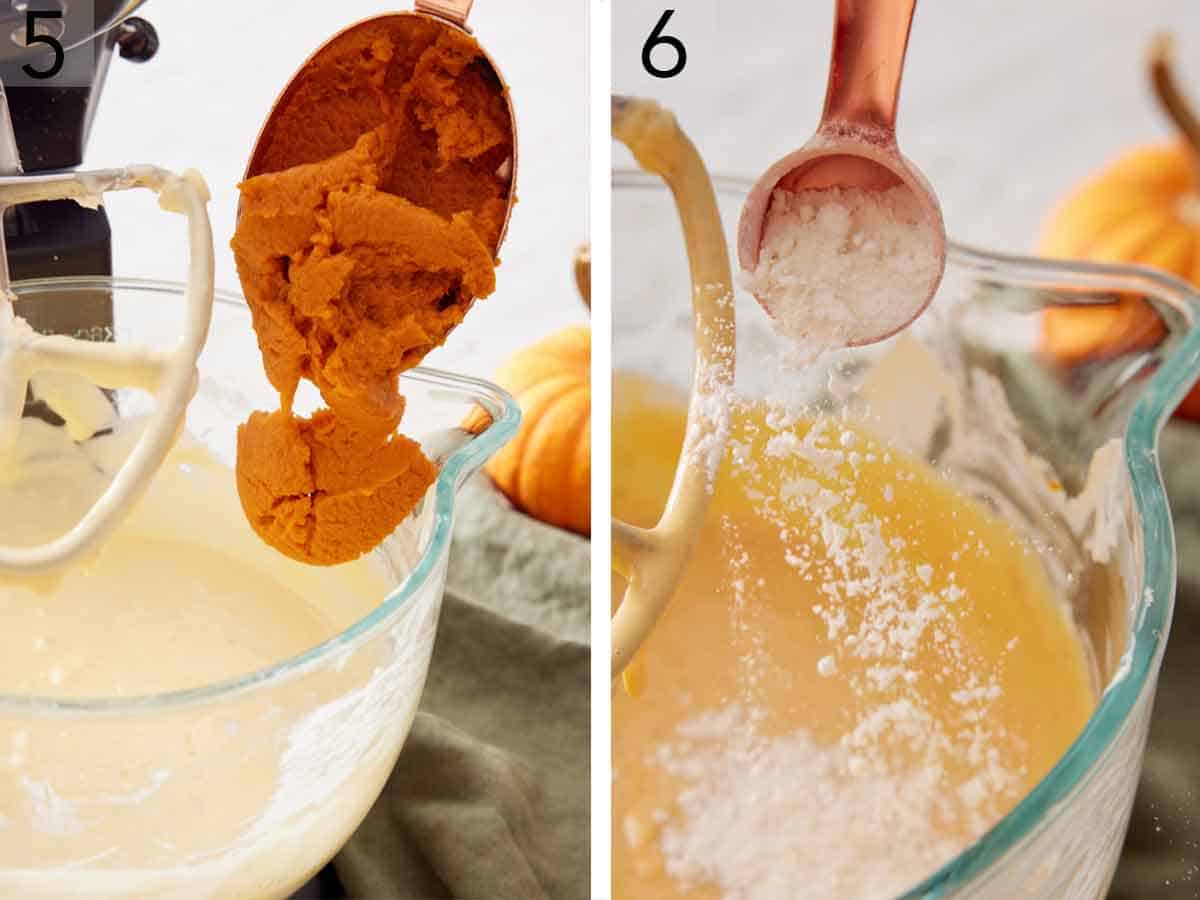 Set of two photos showing pumpkin puree and flour added to a mixer.