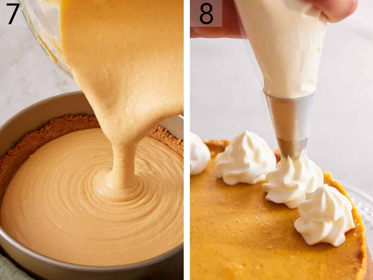 Set of two photos showing batter poured into a graham cracker crust then whipped cream piped on top of the finished cake.