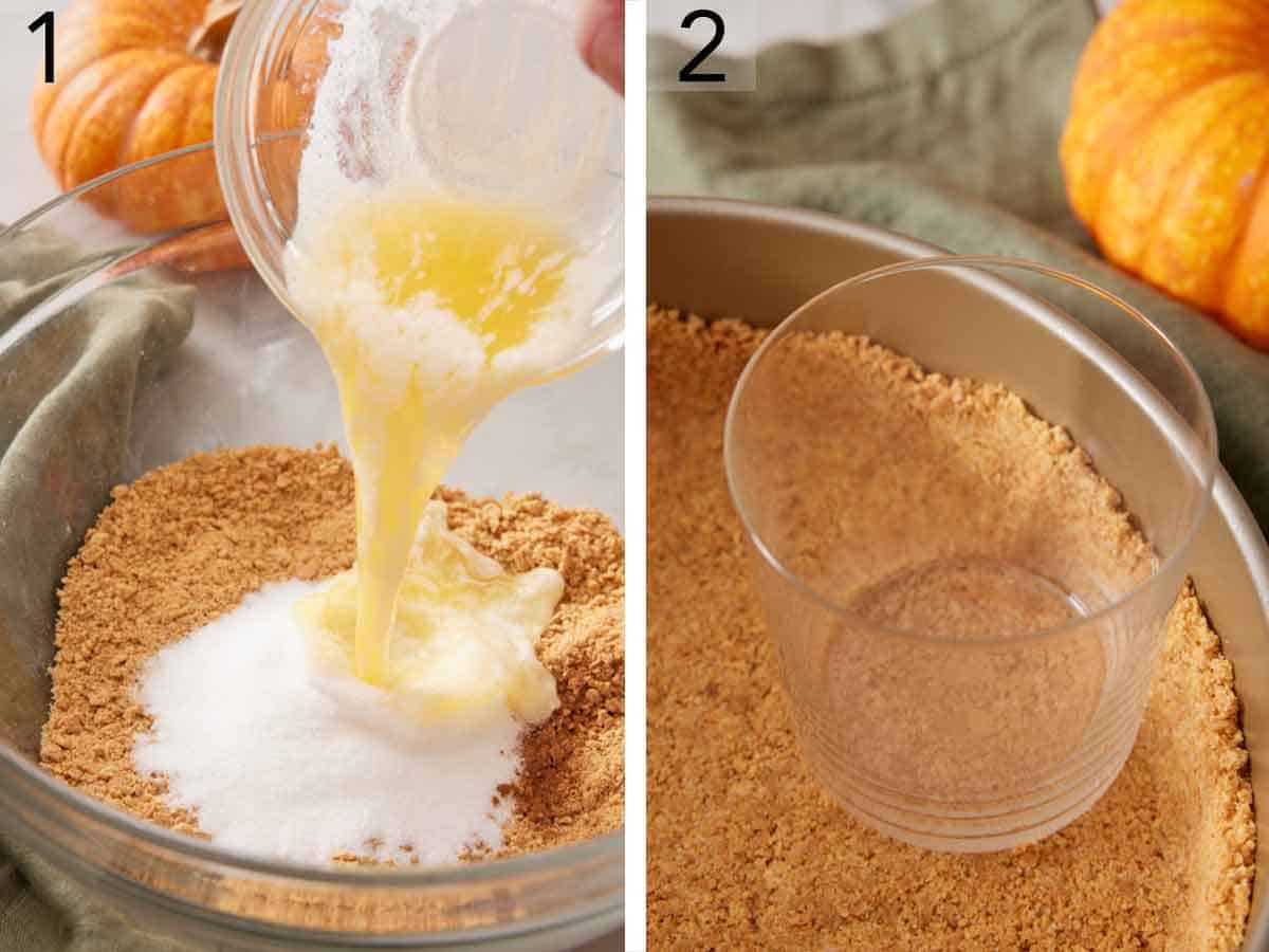 Set of two photos showing butter poured in crushed graham crackers and pressed into a baking tin.