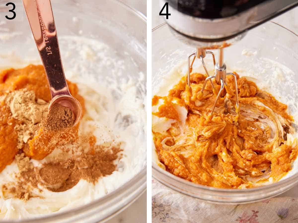 Set of two photos showing spices added to the bowl of ingredients and mixed together.