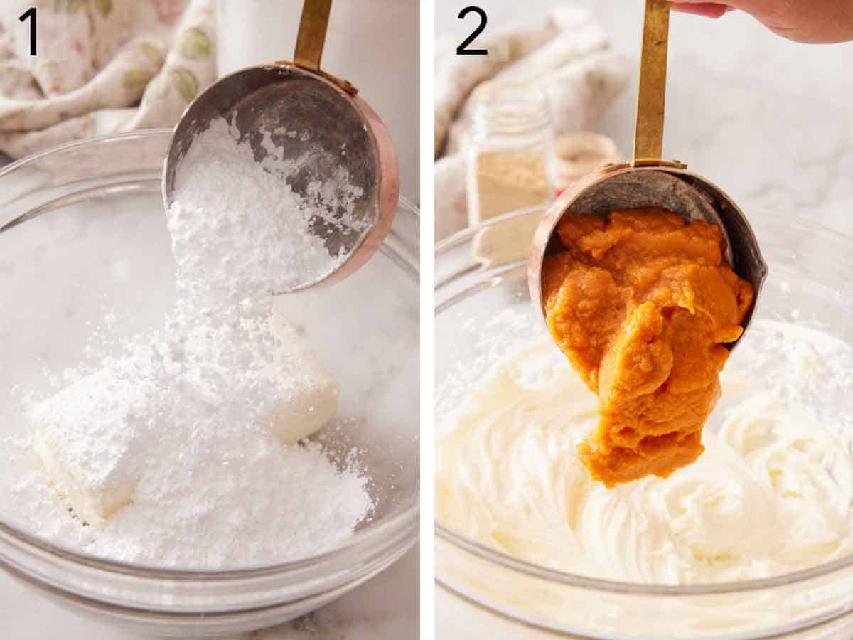 Set of two photos showing powdered sugar, cream cheese, and pumpkin puree added to a bowl.