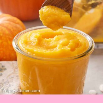 Pinterest graphic of a spoonful of pumpkin puree lifted from a jar.