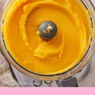 Pinterest graphic of food processor bowl with blended pumpkin puree.
