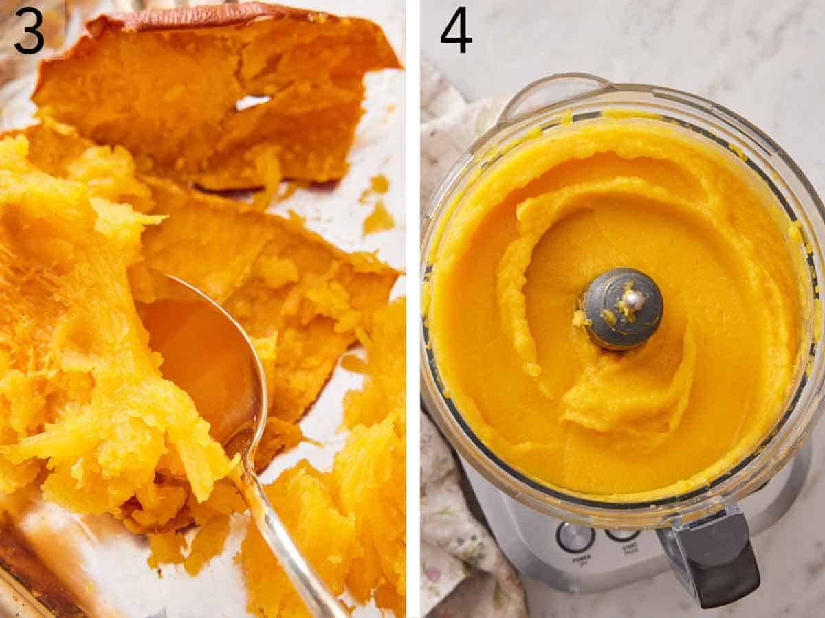 Set of two photos showing the pumpkin flesh scooped out and blended in a food processor.