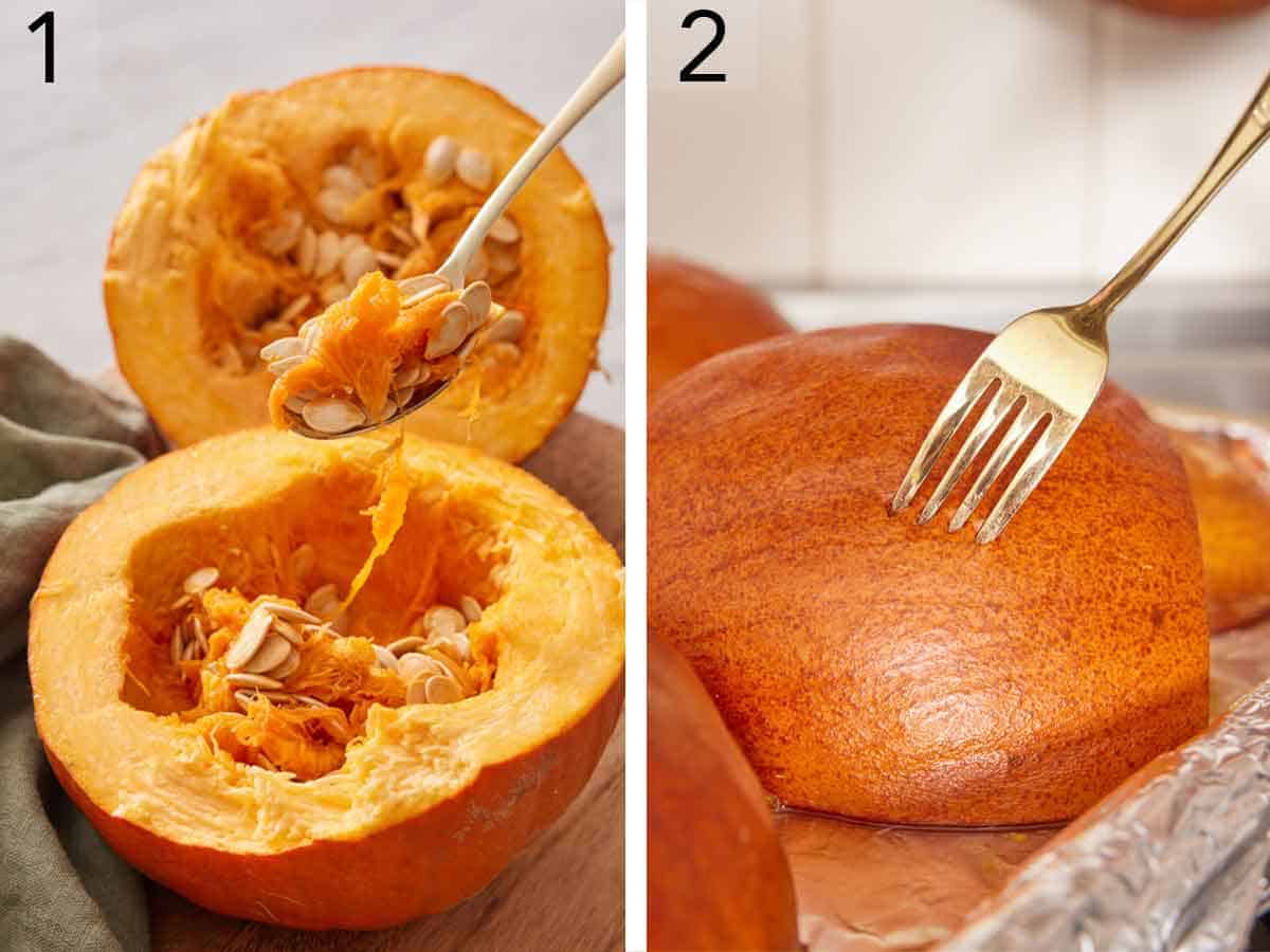Set of two photos showing seeds scooped out of the cut pumpkin and skin pricked with a fork.