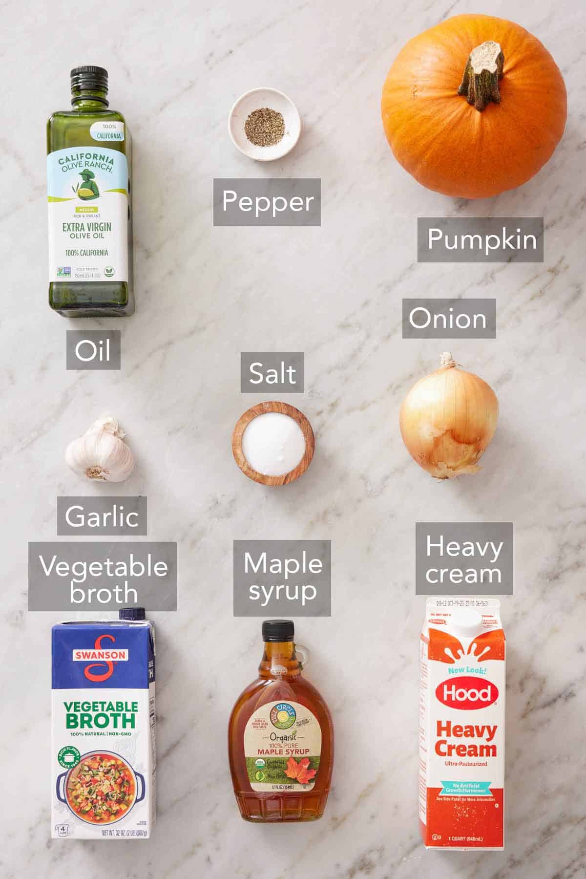 Ingredients needed to make pumpkin soup.