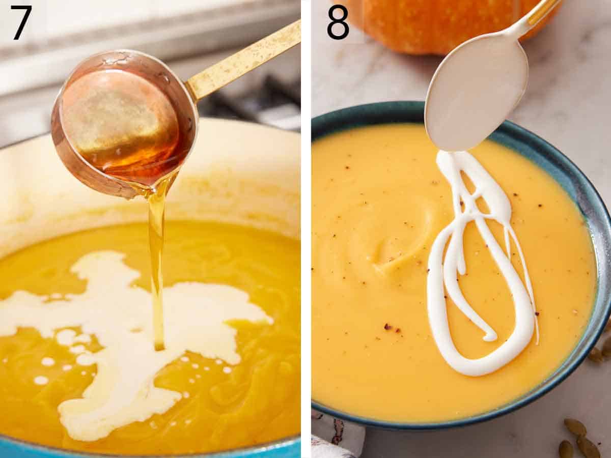 Set of two photos showing maple syrup and cream stirred into the soup.
