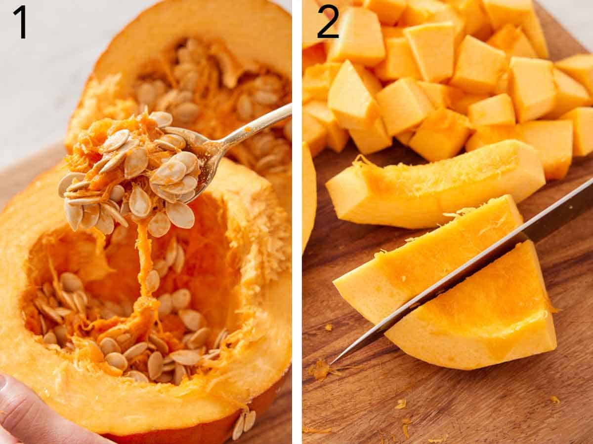 Set of two photos showing a pumpkin cut open, seeds scooped, and then diced.