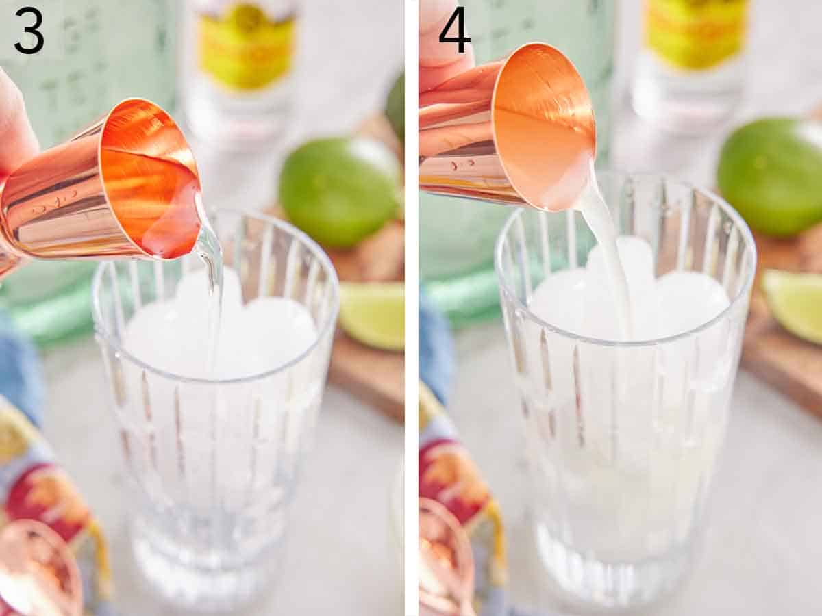 Set of two photos showing tequila and lime juice added to the glass of ice.