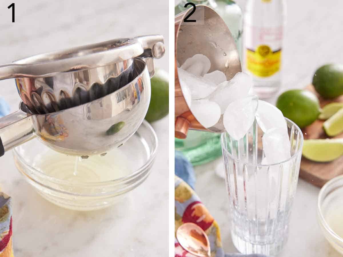 Set of two photos showing lime juiced and ice added to a glass.