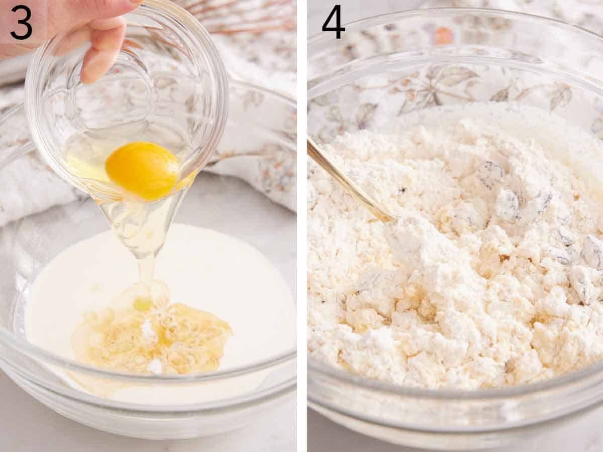 Set of two photos showing egg added to heavy cream and mixed with the dry ingredients.