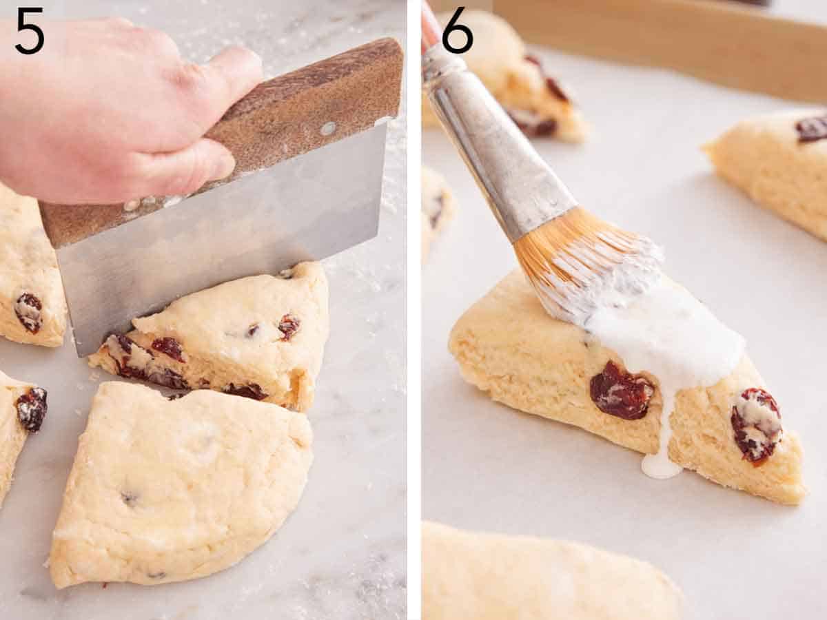 Set of two photos showing scone dough cut and brushed with heavy cream.