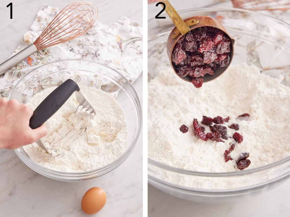 Set of two photos showing butter pressed into the flour and dried cranberries added to it.