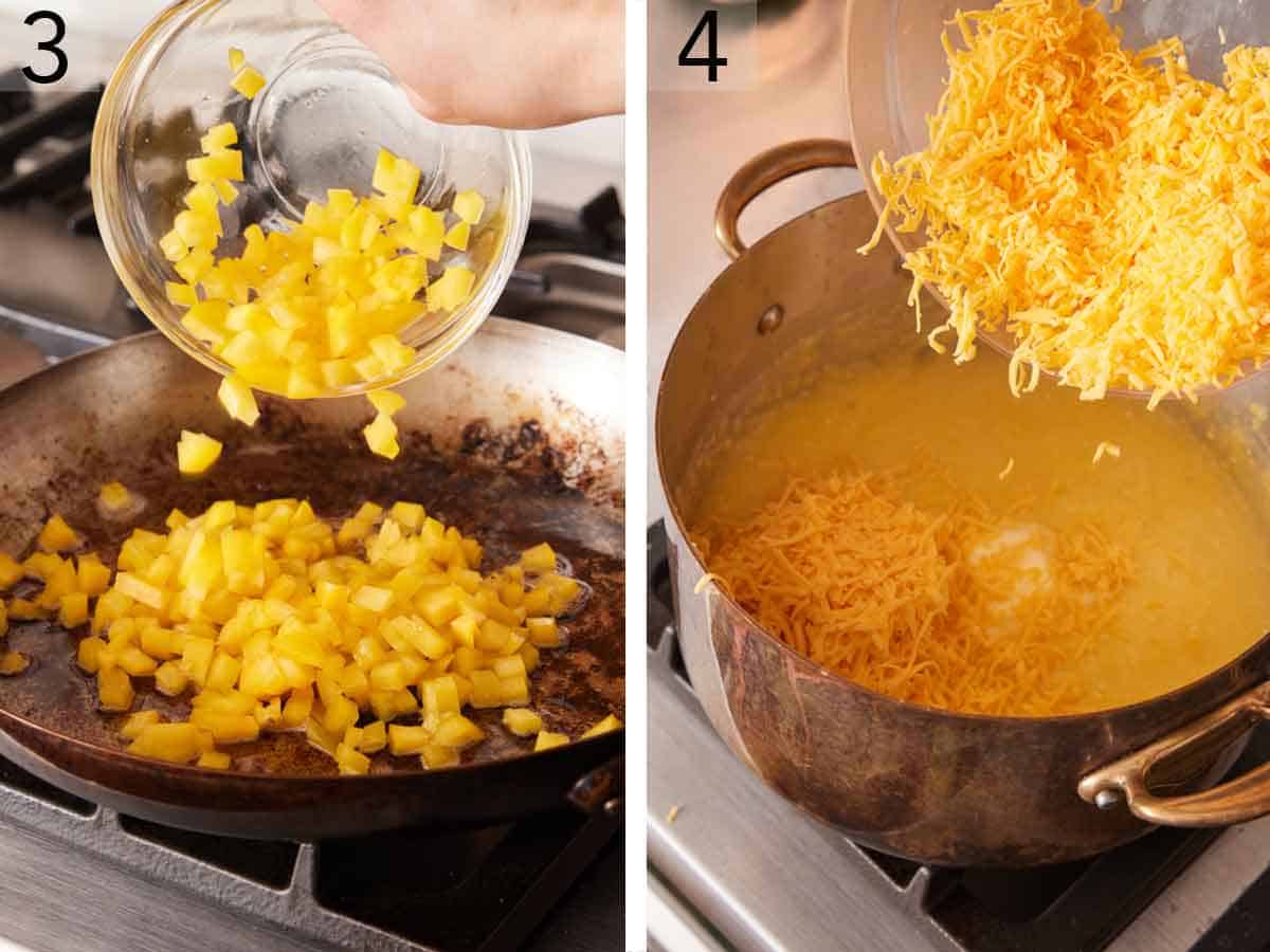 Set of two photos showing bell peppers added to a skillet and the shredded cheese added to the pot.