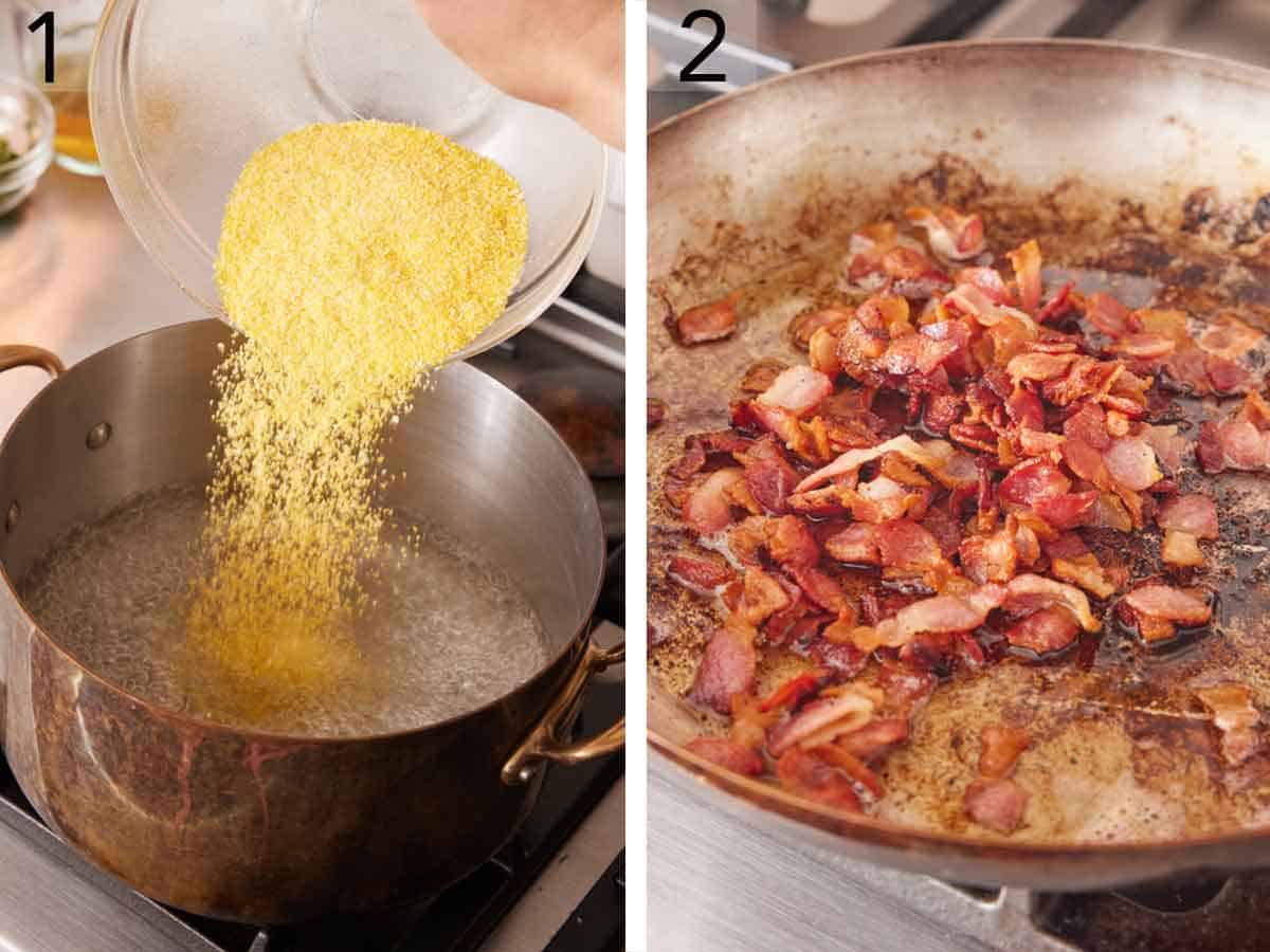 Set of two photos showing grits added to a pot of water and bacon cooked in a skillet.