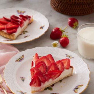 Pinterest graphic of a plate with a slice of strawberry tart with strawberries, glass of milk, a second plated slice, and cake stand in the background.