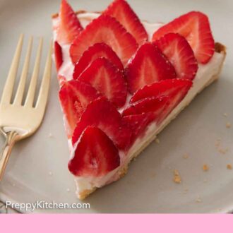 Pinterest graphic of a plate with a slice of strawberry tart with a fork.