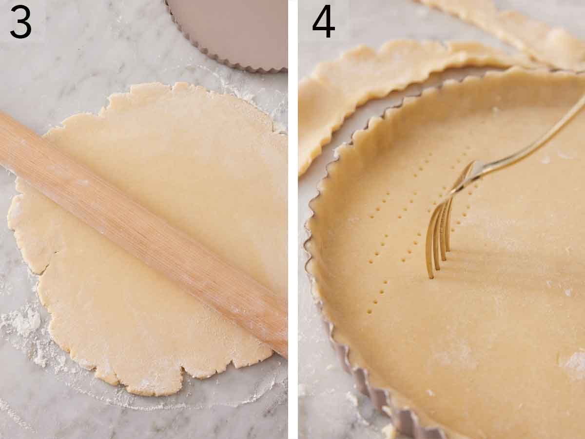 Set of two photos showing dough rolled out and fork pricking holes in the dough in the tart pan.