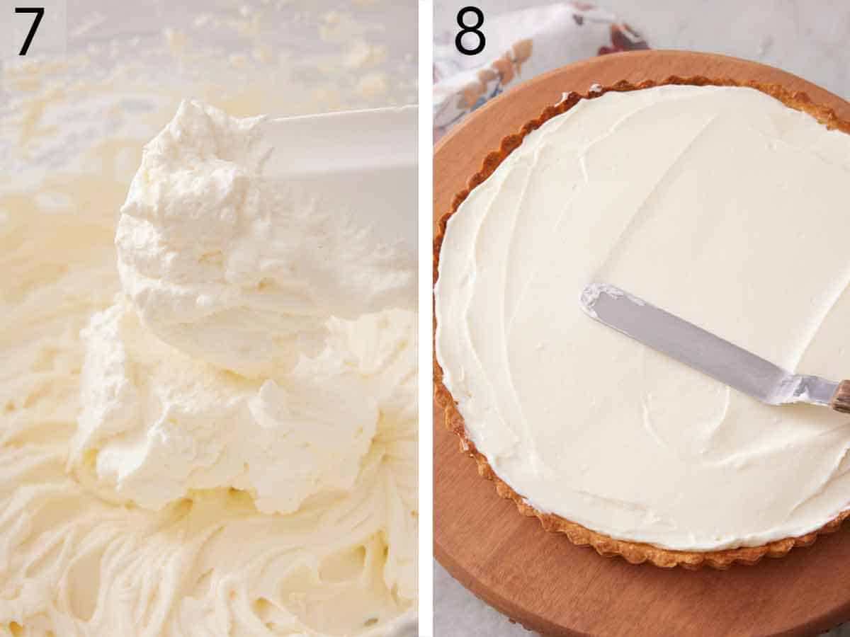 Set of two photos showing whipped cream added to the mixture and the filling spread over the tart crust.