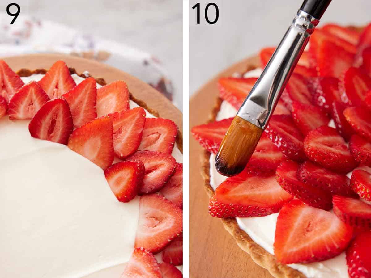 Set of two photos showing strawberries added to the tart and brushed with jam.