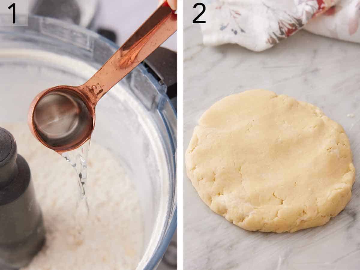 Set of two photos showing water added to a food processor with flour and dough shaped into a disc.