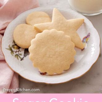 Pinterest graphic of three sugar cookies, one shaped like a flower, one like a star, and one as a heart.