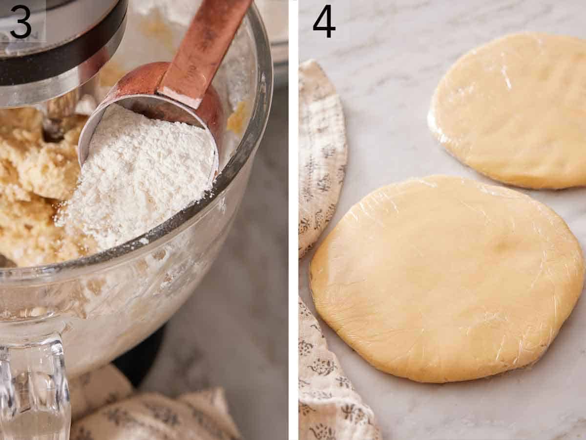 Set of two photos showing flour mixture added to the mixer and dough wrapped in plastic.