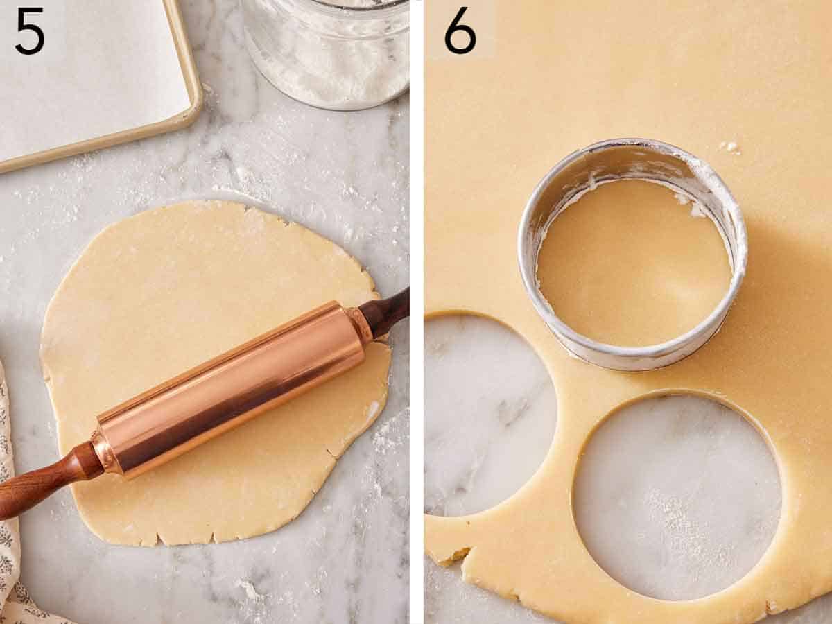 Set of two photos showing dough rolled and cut with a cutter.