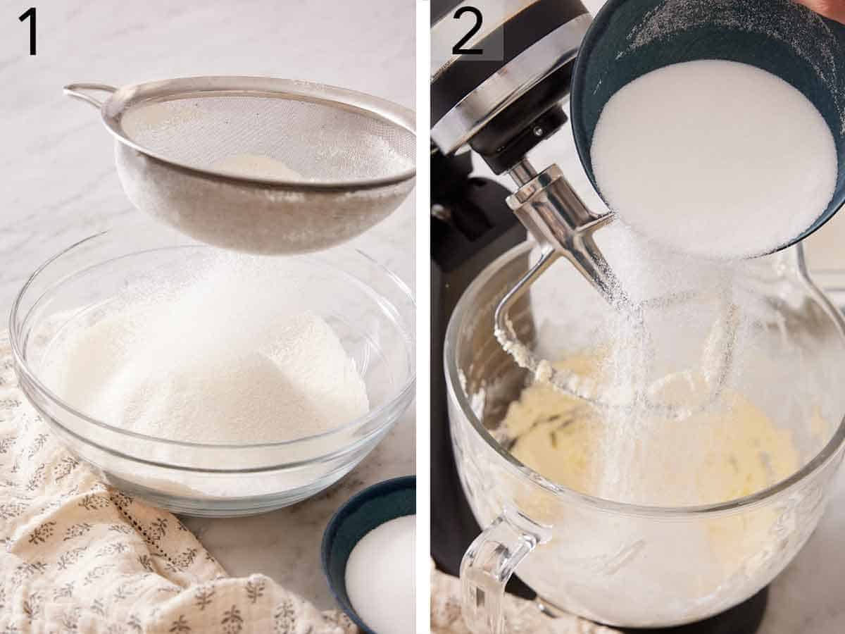 Set of two photos showing dry ingredients sifted and sugar added to butter in a mixer.