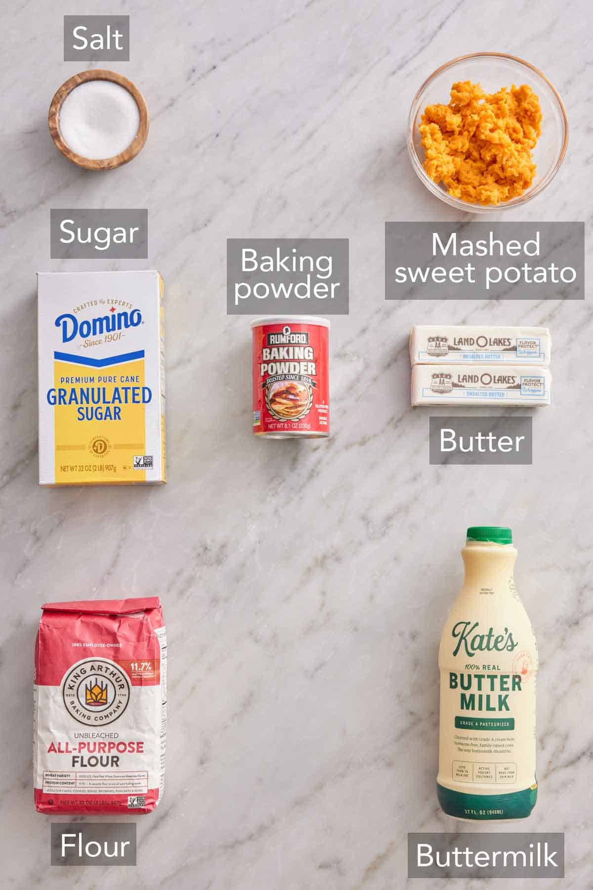Ingredients needed to make sweet potato biscuits.