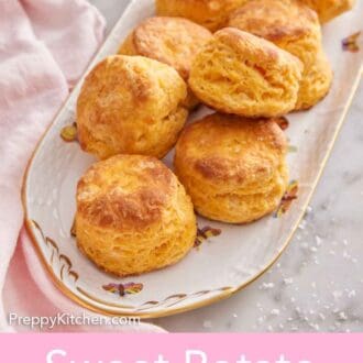Pinterest graphic of a platter of sweet potato biscuits.