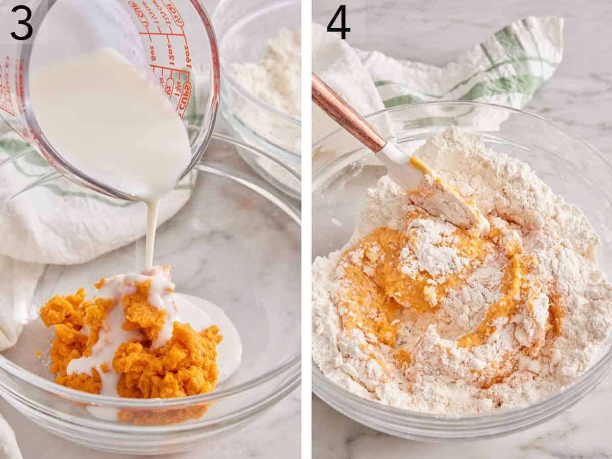 Set of two photos showing buttermilk added to the mashed sweet potato and mixed with the dry ingredients.
