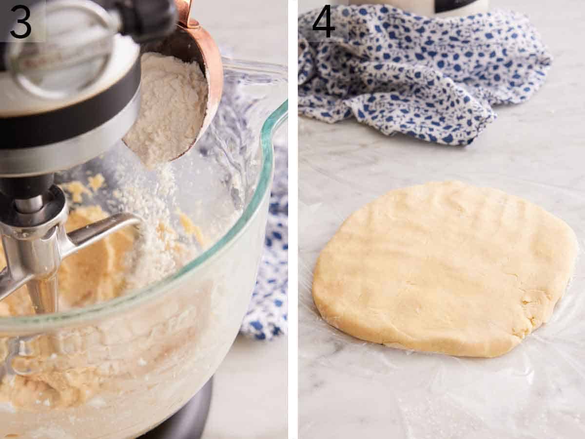 Set of two photos showing dry ingredients added to a mixer and dough shaped in a disc.