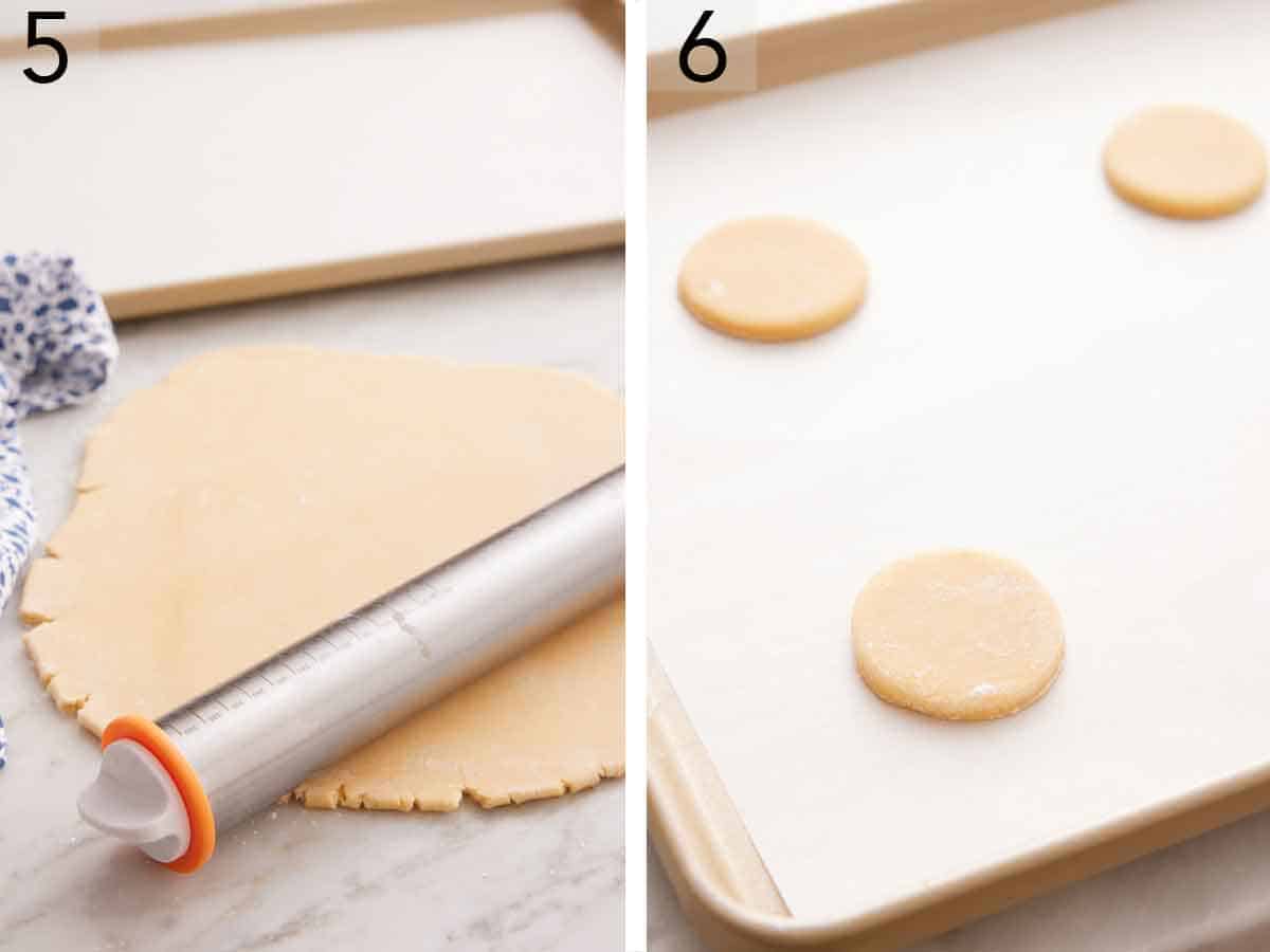 Set of two photos showing dough rolled and cut circles on a lined sheet pan.