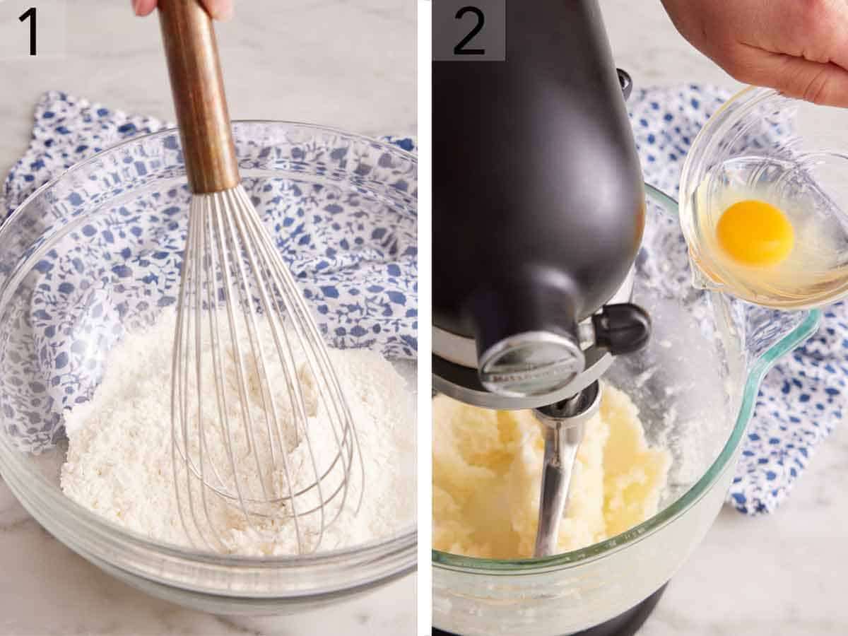 Set of two photos showing dry ingredients whisked together and an egg added to a mixer.