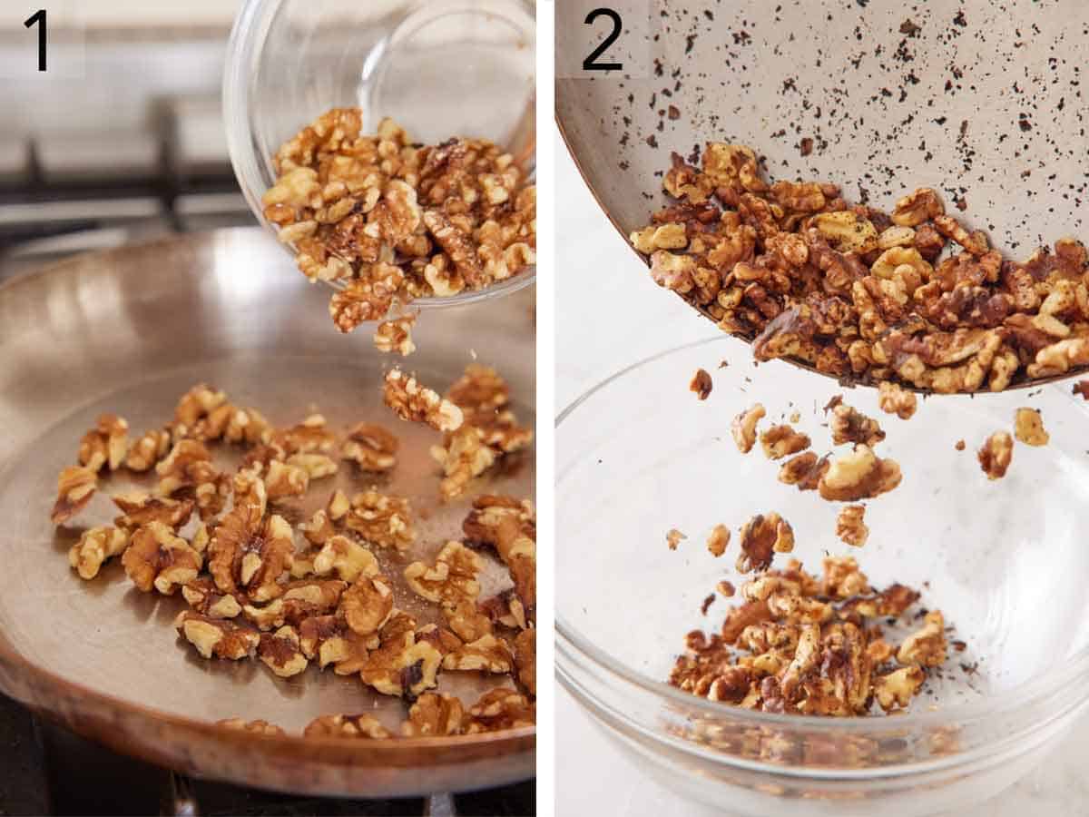 Set of two photos showing walnuts added to a skillet to toast then transferred to a bowl.
