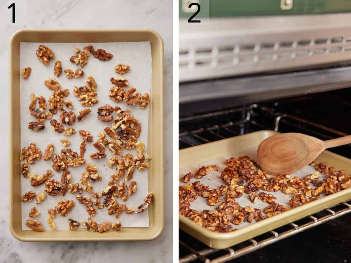Set of two photos showing walnuts on a sheet pan toasted in the oven.