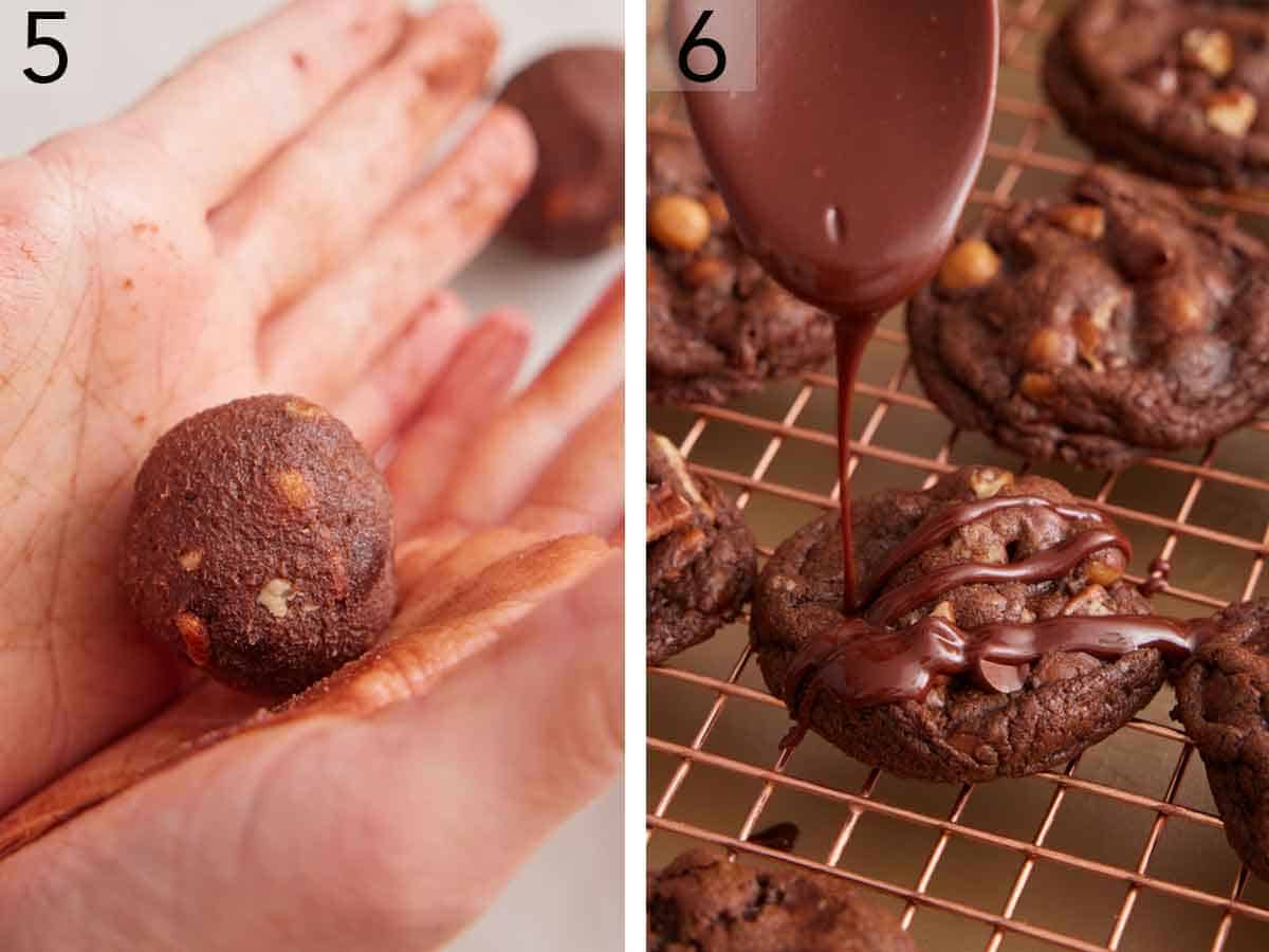 Set of two photos showing dough balls rolled in a hand and then chocolate drizzled over baked cookies.