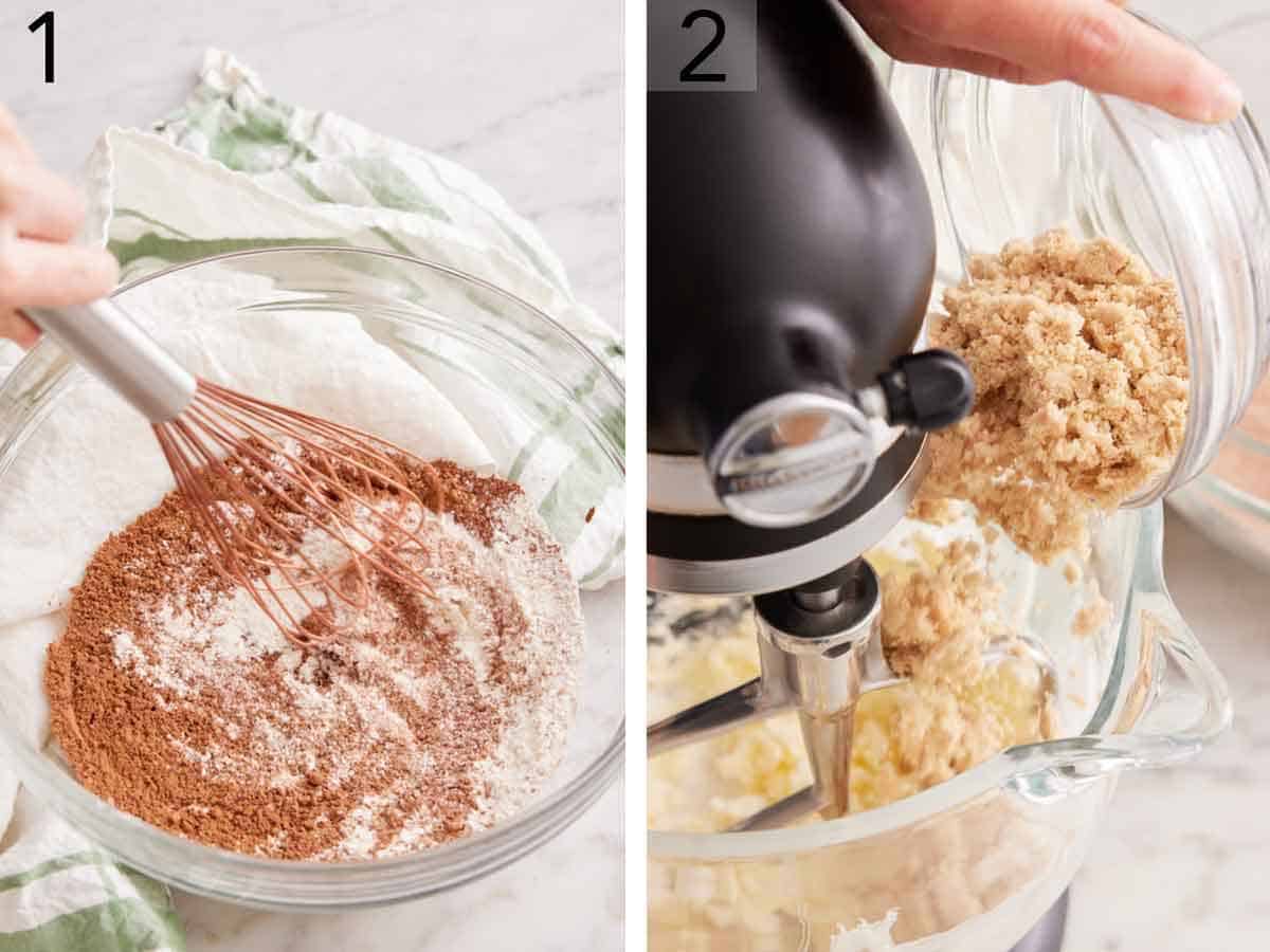 Set of two photos showing dry ingredients whisked together and brown sugar added to a mixer.