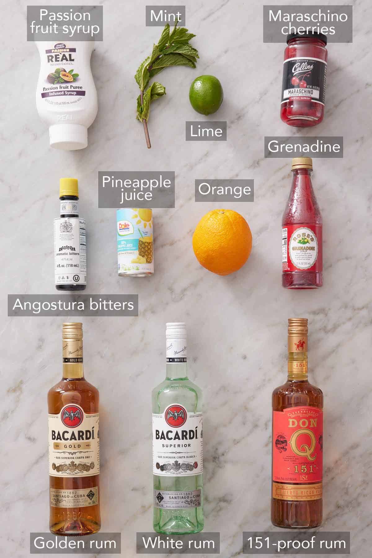 Ingredients needed to make a zombie cocktail.