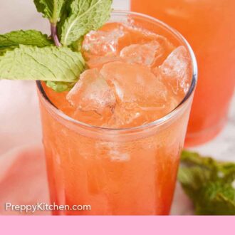 Pinterest graphic of a slightly angled view of two glasses of zombie cocktails with mint garnish.