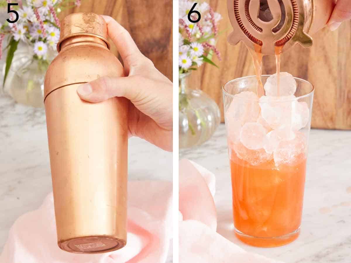 Set of two photos showing a shaker shaken and strained into a glass of ice.