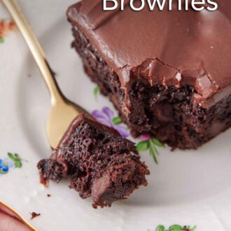 Pinterest graphic of a fork with a bite of zucchini brownie on a plate beside the rest of the brownie.