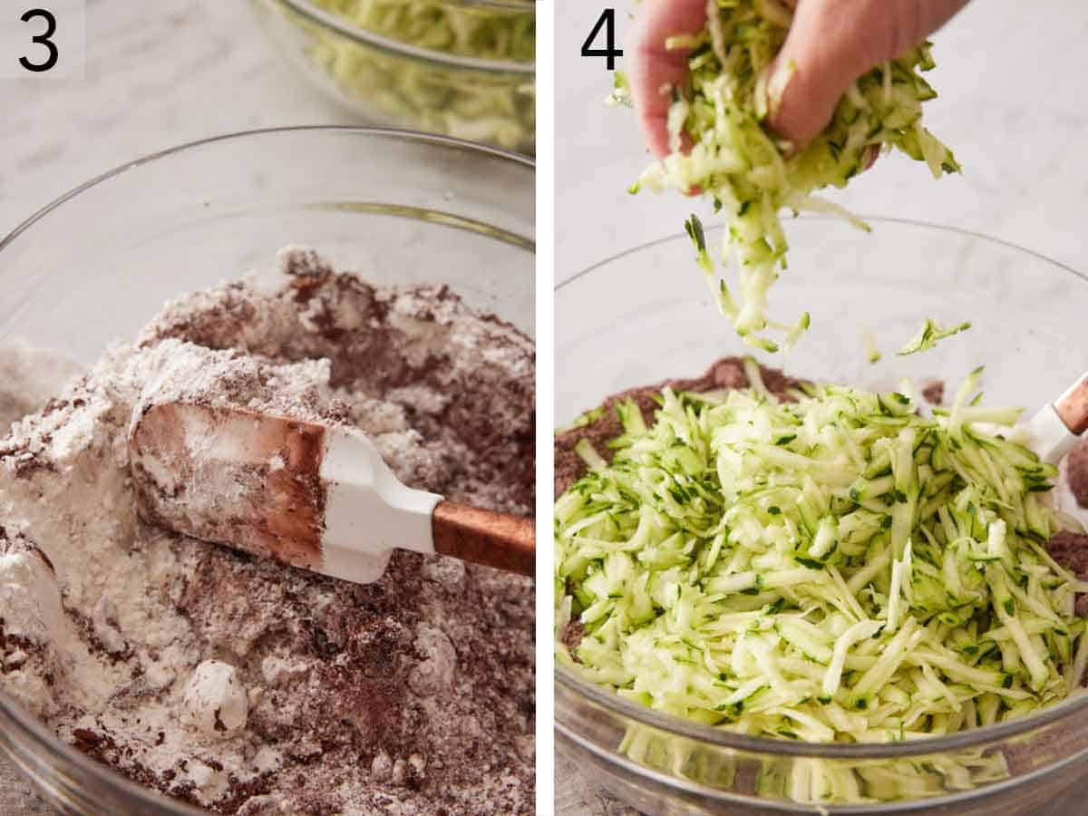 Set of two photos showing the mixture stirred and shredded zucchini added.